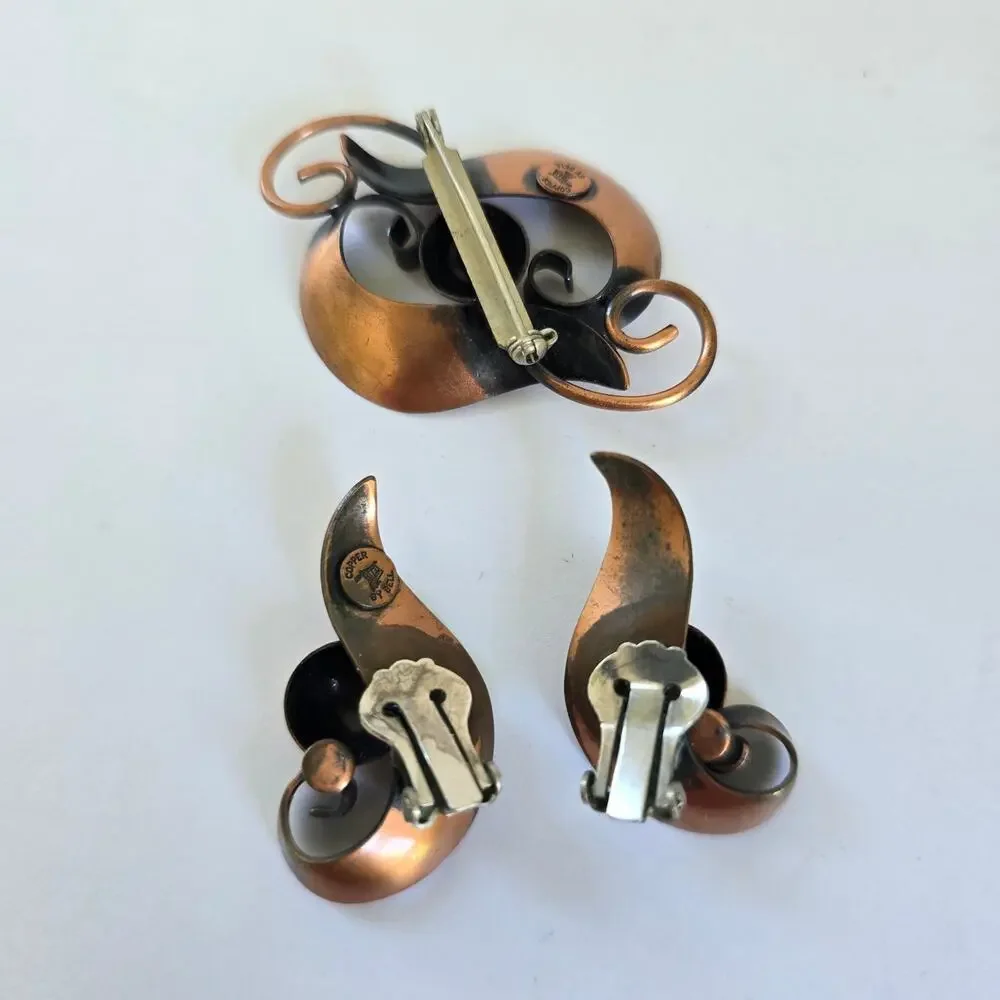Vintage Bell Trading Post Brooch Earring Copper Swirl Modernist 1960s Western